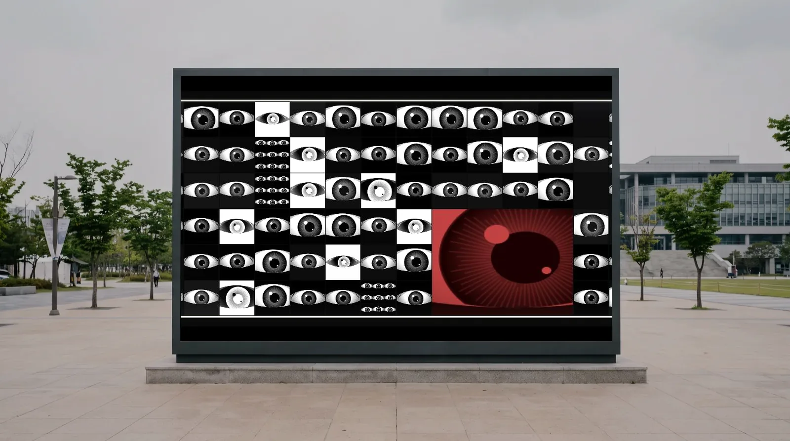 광장 대형 LED 전광판에 EYEWALL 미디어아트를 올린 화면 예시 이미지